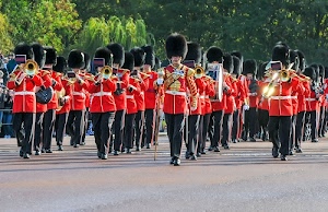 banda, nero, rosso, divise, alberi, strumenti, ottoni, uniformi, divisa, parata, militari, inghilterra, copricapi, verde, cappelli, file, strada, giacca, colbacchi, sfilata, giubbe, musica