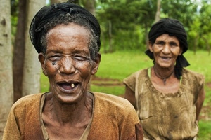 sorriso, dente, verde, due, donna, alberi, uomo, persone, denti, cappello, coppia, vecchio, copricapo, bocca, sfocato, occhi, capelli, indigeni, sdentati, sorrisi, ritratto, naso, foresta